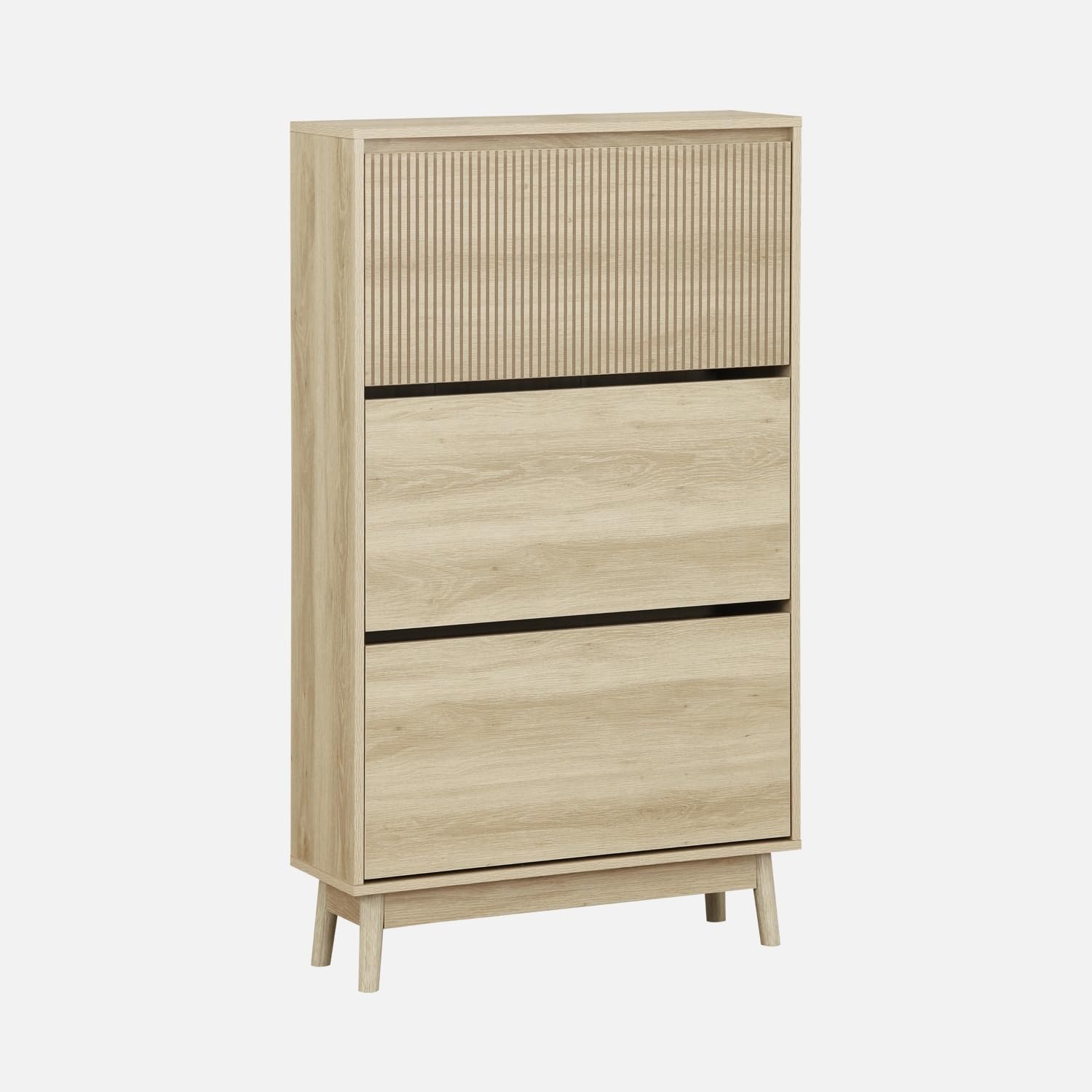 sweeek - Meuble à Chaussures scandinave décor Bois Clair 3 Portes abattantes capacité 18 Paires de Chaussures