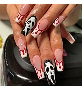 LANOVA Halloween Nude Pink Blood Droplets French Tips False Nails,Glossy Black Long Coffin Fake N...