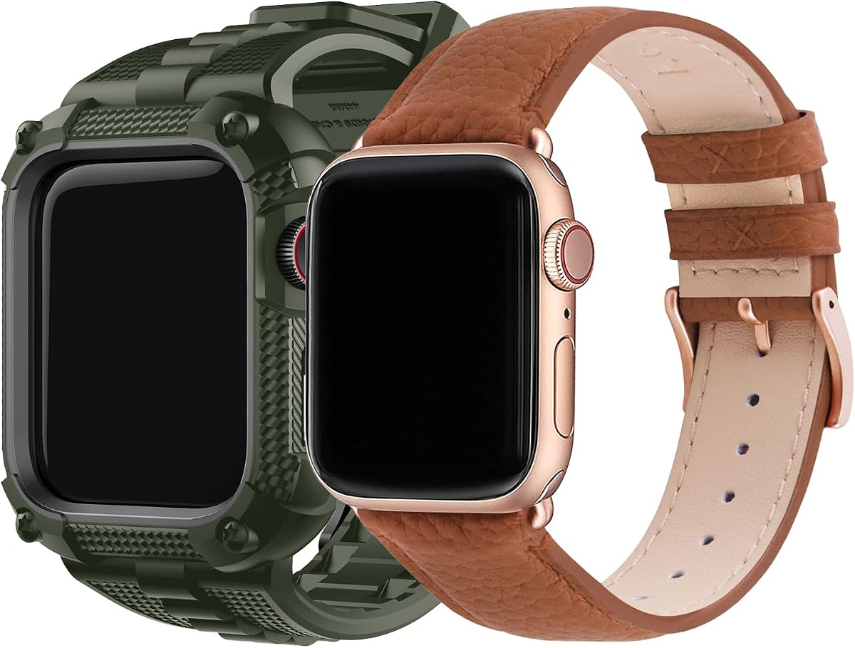 Fullmosa Correa de silicona compatible con Apple Watch de 40 mm, color verde militar con funda protectora y correa de cuero compatible para iWatch de 40 mm, marrón y oro rosa