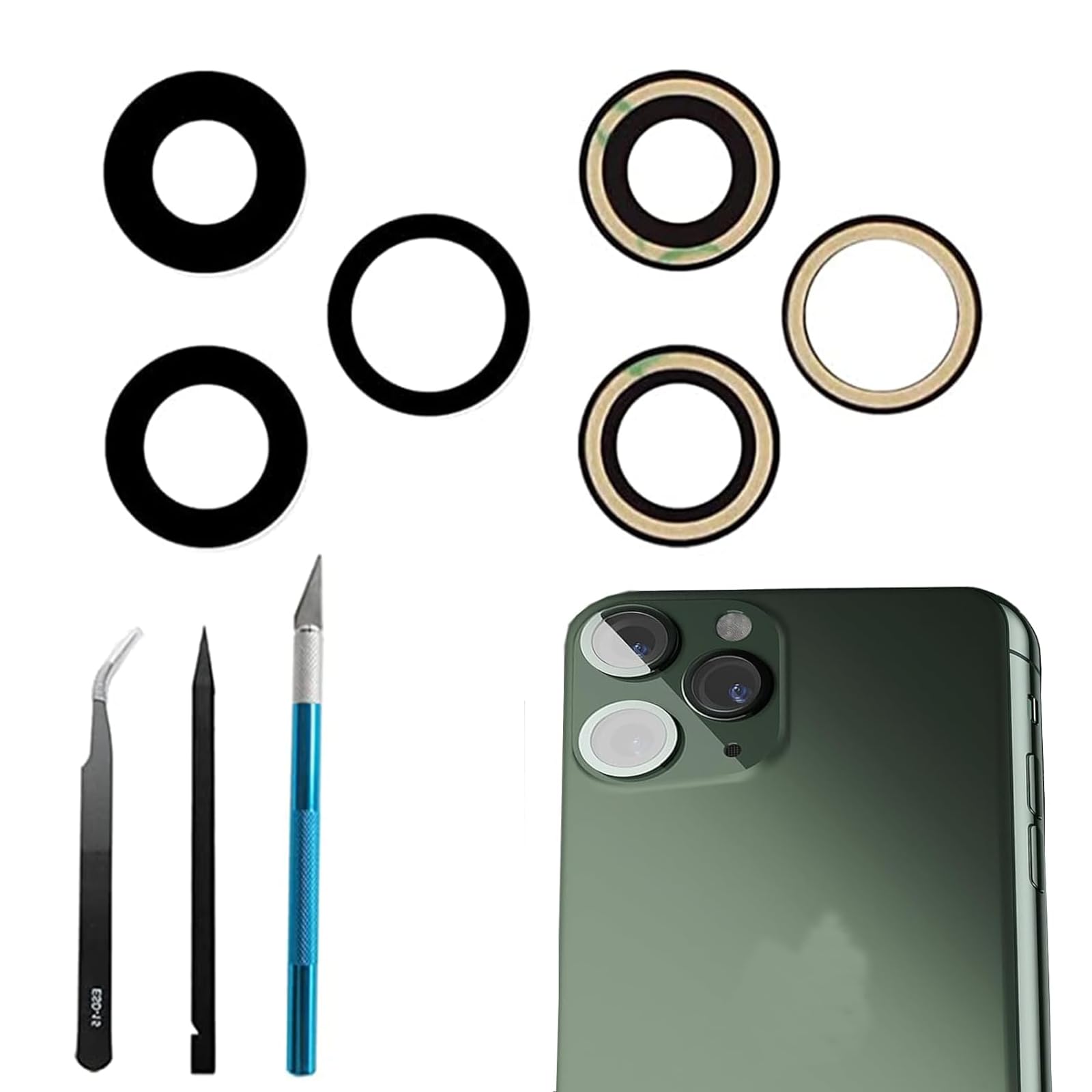 3 Pcs/Set 11 Pro/11 Pro Max Back Camera Glass Lens Replacement for iPhone 11 Pro/ 11 Pro Max Rear Camera Glass Lens Replacement+ Repair Tool Kit, Anti-Lens Scratch