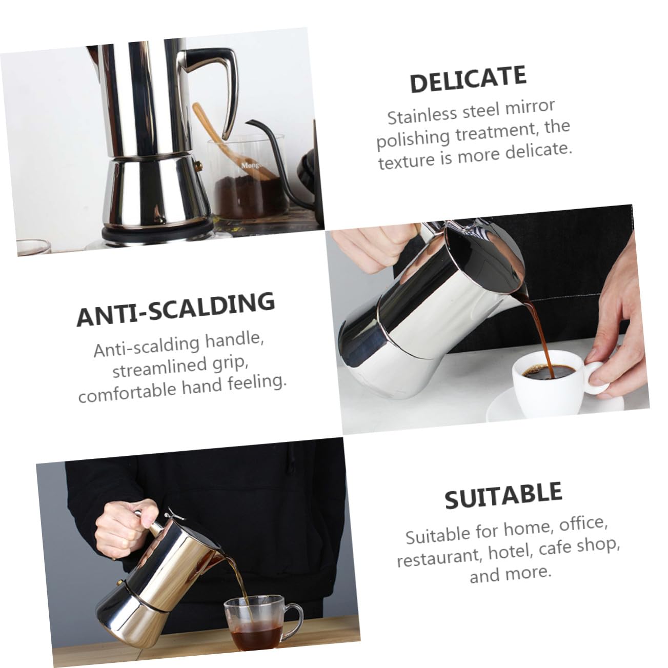 Espressokocher Robuste Edelstahlkonstruktion Tragbare Mokkakanne aus Edelstahl 304 für Herd und Induktion Geeignet für Café und Restaurant