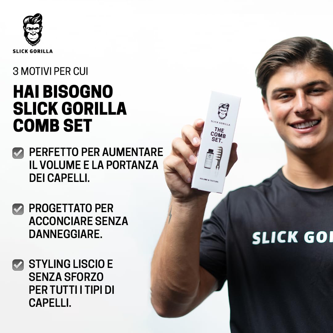 Slick Gorilla Polvere Texturizzante + Pettine a Denti Larghi per Uomo | Finitura opaca | Aggiunge volume e spessore | Tenuta naturale forte | Set styling non grasso per un uso quotidiano facile