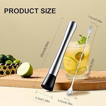 2 Pcs Muddler for Cocktails,10 Inch Muddler and 8 Inch Bar Spoon,Stainless Cocktail Accessories for Drink - Create Delicious Mojitos and Other Fruit Based Drinks