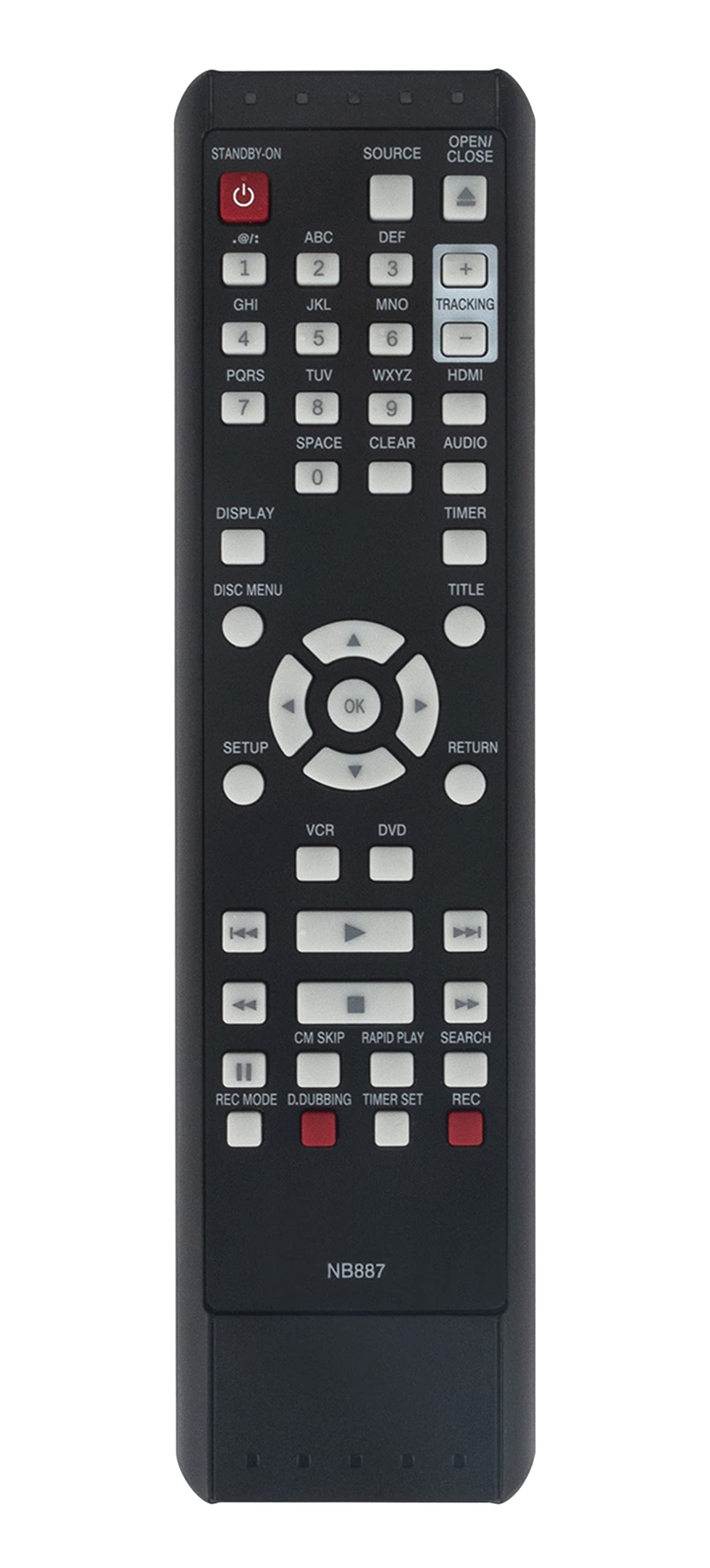 Devant view of the VINABTY NB887UD remote control, showing all buttons and their labels.