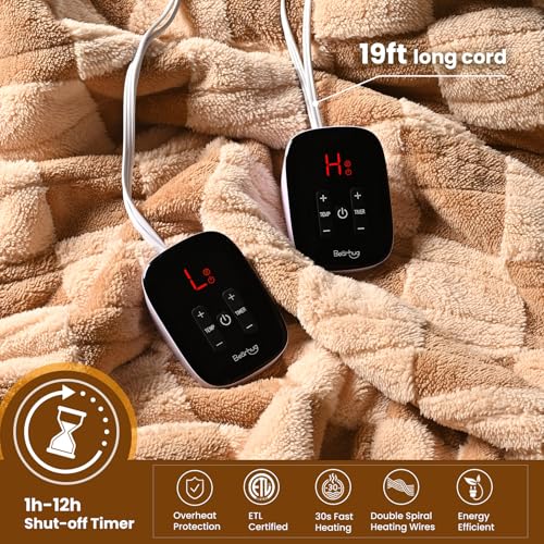 Image of Bearhug Heated Blanket King Size 100 inch x 90 inch Dual Controller Electric Blanket, Reversible Brown Plaid Sherpa Heating Blanket, 10-Heat Levels & 1-12H Auto Off, ETL, Machine Washable