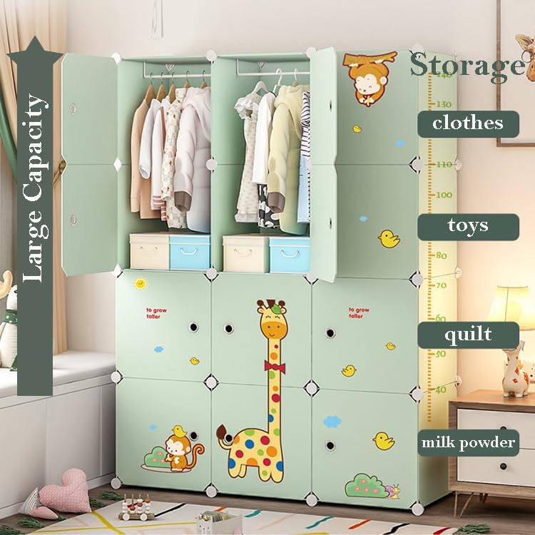 Image of Plastic Wardrobe for Kids Clothes - Durable, Easy to Use Anti-Skid & Non-Slip Effective Professional Collapsible Wardrobe, Plastic Cupboard for Kids, Foldable Almirah (Green L4, 12 Door)