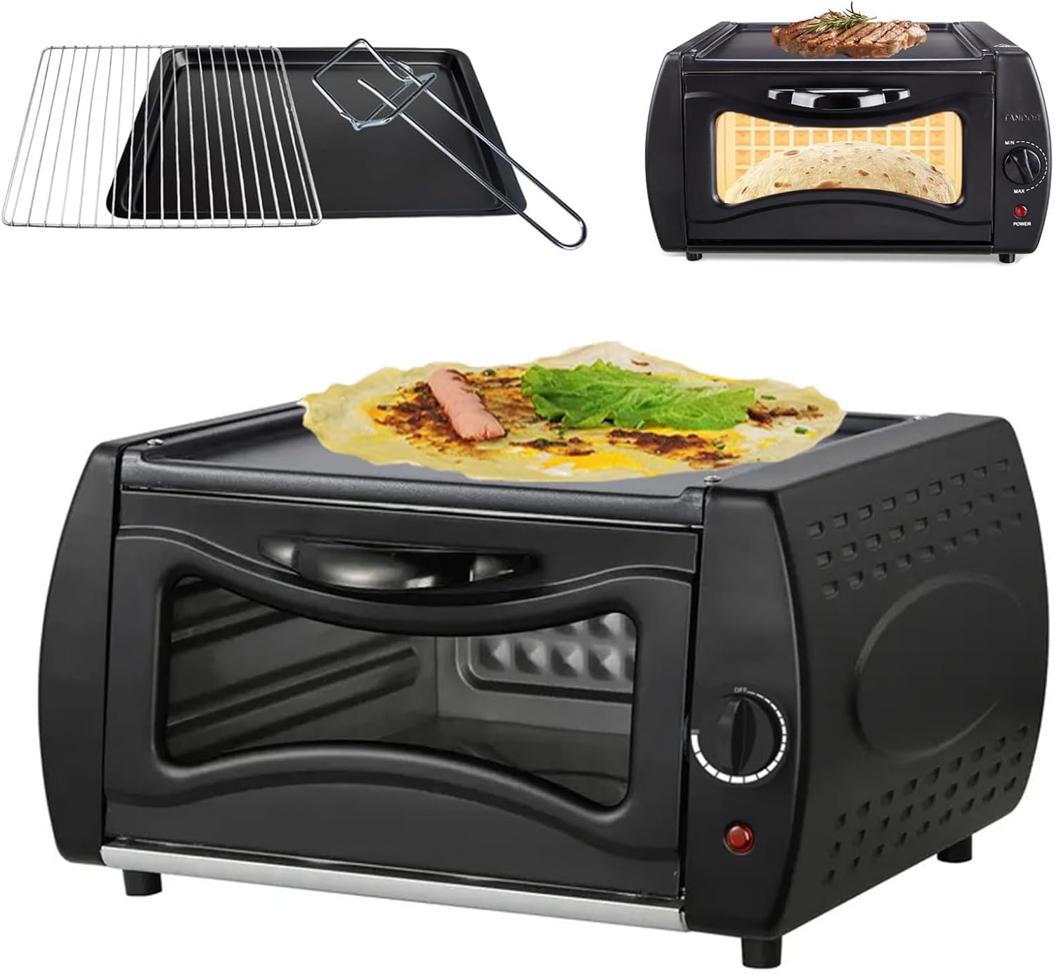 1500W Electric Tandoor Oven & 15L Mini Pizza Oven, 2-in-1 Countertop Roti Naan Bread Maker with Hot Top Plate, Visual Glass Door, Temperature Control, Includes Disk, Bake Tray & Clamp, Square Gate-image-14