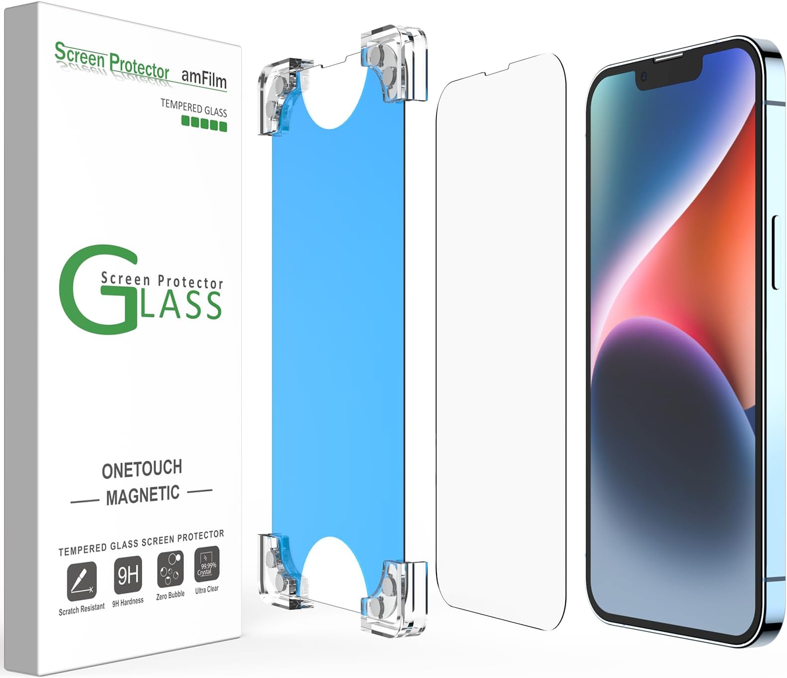 amFilm 2 Pack Magnetic OneTouch for iPhone 16e/iPhone 14/iPhone 13/13 Pro 6.1" Screen Protector [Eco Friendly] [Indestructible 9H Tempered Glass] [15 seconds Auto-Alignment & Ultra Fast Installation]