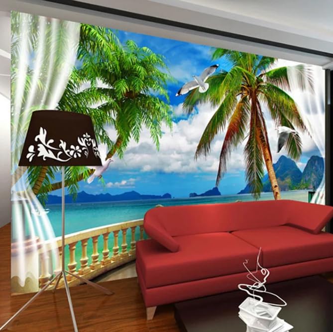 Papier peint photo 3D ciel bleu et plage pour illuminer un salon sombre et exigu