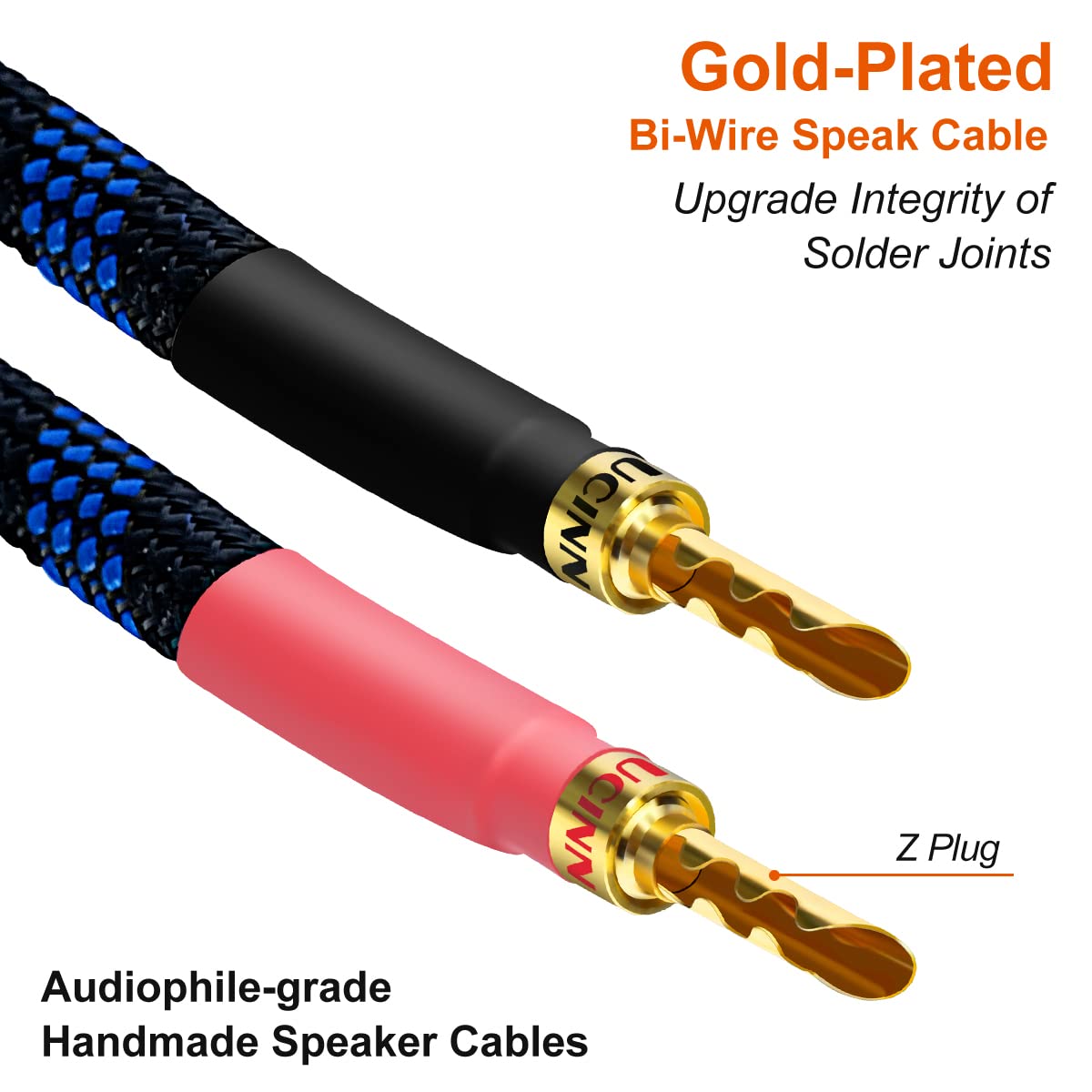 UCINNOVATE 11 AWG HiFi BFA Z Plugs Banana Speaker Cables, Confezione da 4 cavi per altoparlanti audiofili OFC placcati in oro con spina a banana BFA per sistema audio HiFi, spine a banana BFA con fili