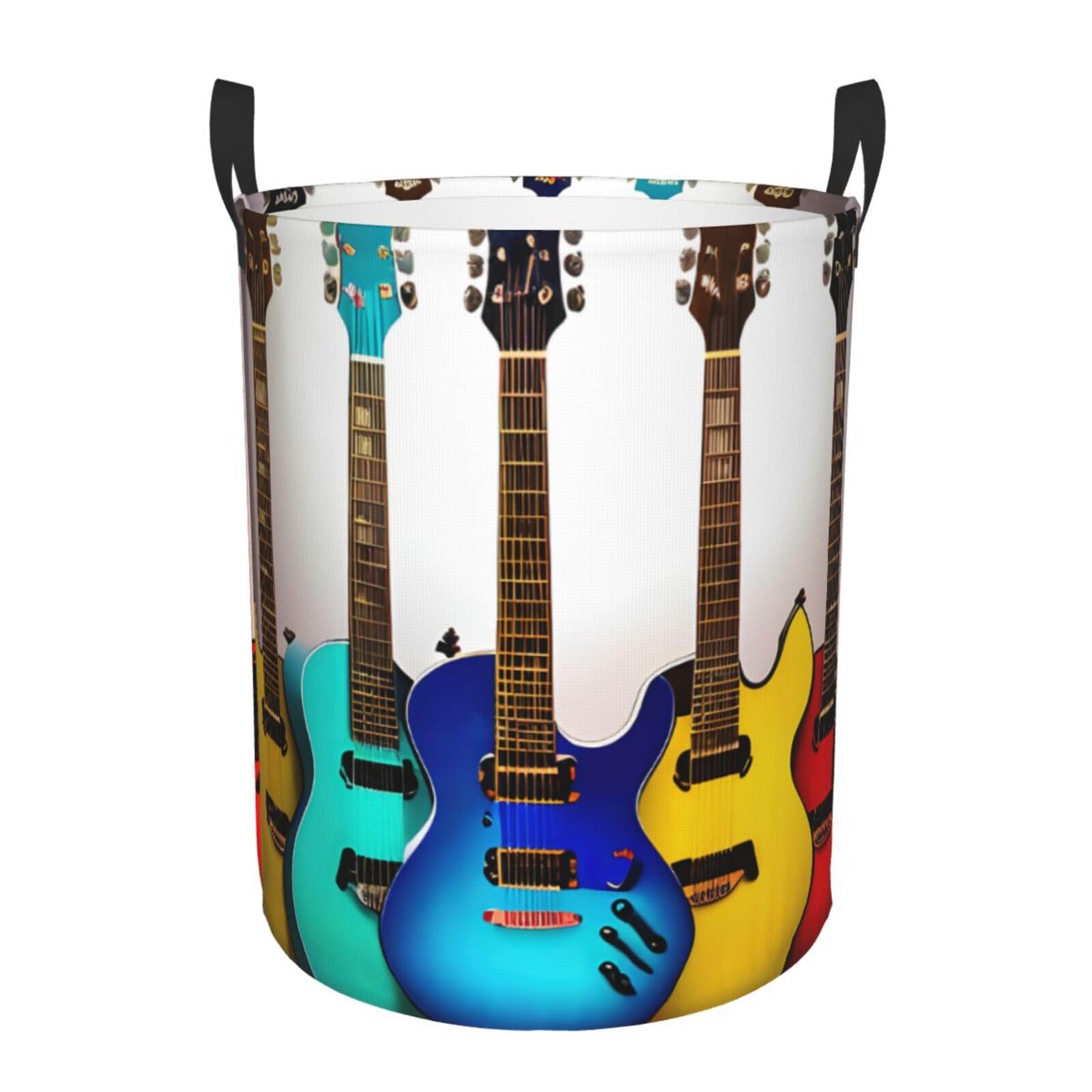 M Collapsible Laundry Hamper Round Colorful Guitars Print Storage