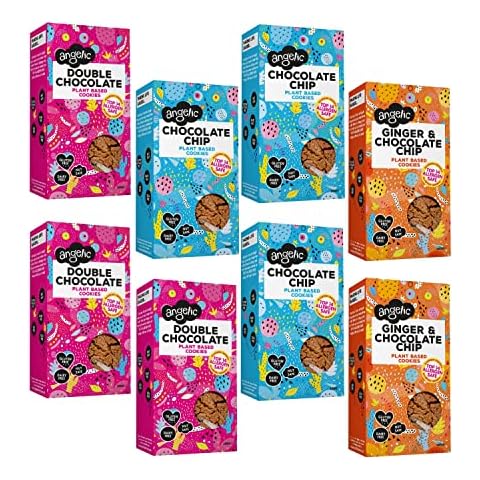 Angelic Free From 8 Mixed Box Vegan & Gluten Free Cookies. Dairy, Nuts, Soya, Egg & Peanut Free. Allergy Safe Snacks. (8 Packs x 125g- 3 Chocolate Chip, 3 Double Chocolate, 2 Ginger & Chocolate) Cover