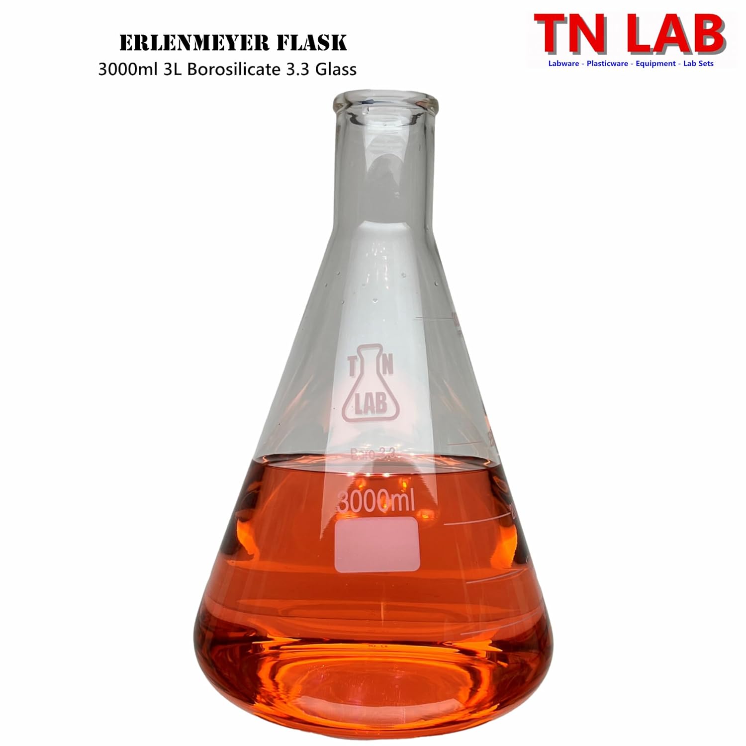 TN LAB 3L Erlenmeyer Conical Borosilicate Glass Flask