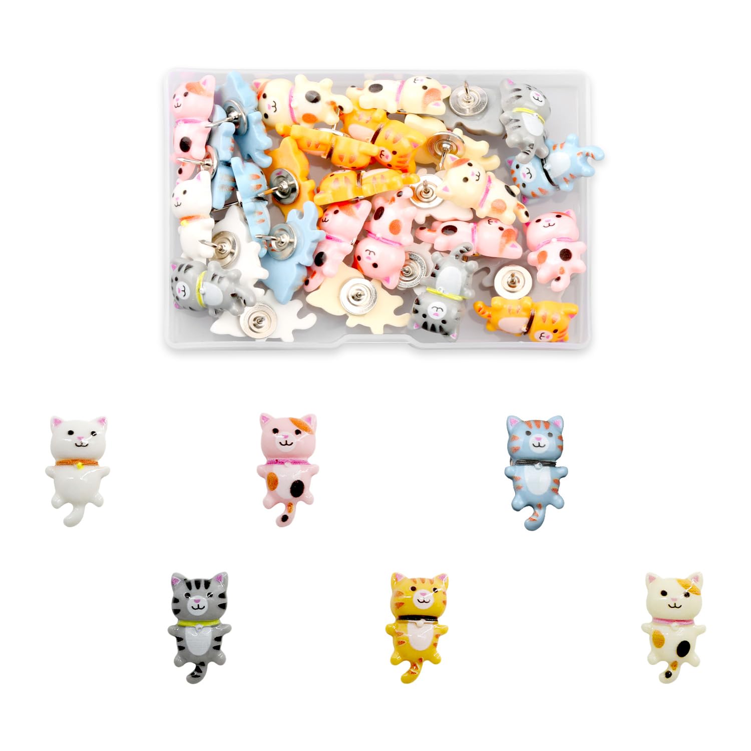 Gaomumu Colourful 30Pcs Cat Push Pins, Cartoon Style Wall Hangings Push Pins,Creative Animal Decorations, Cute Resin Thumbtacks With Storage Box,Ideal For Cork Board, Office, School & Home