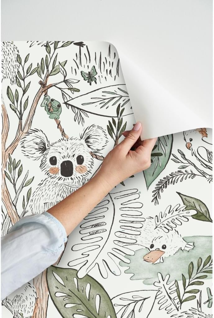 Peel & Stick Wallpaper 3ft x 2ft - Australian Safari Green Jungle Tropical Watercolor Custom Removable Wallpaper by Spoonflower