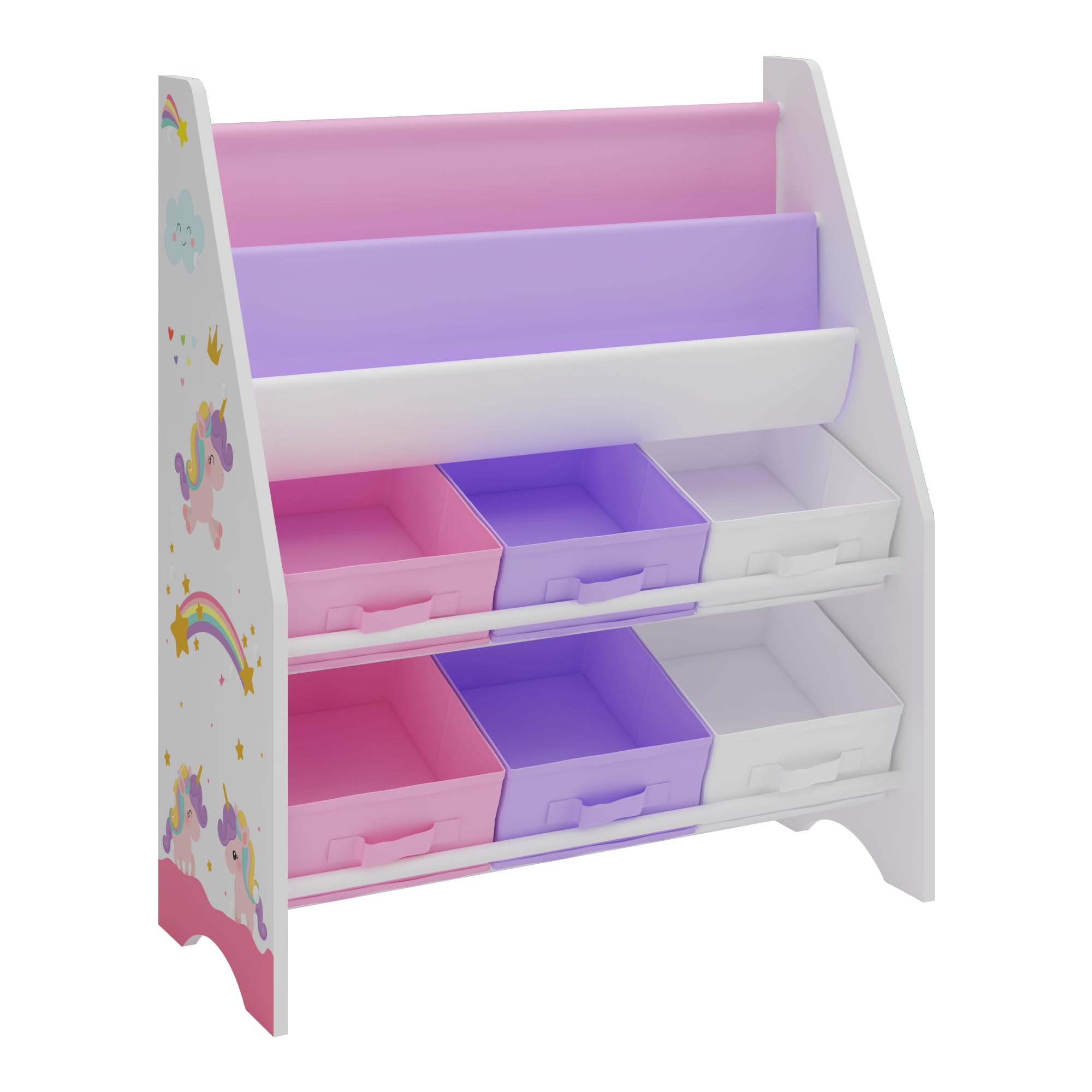 [en.casa] Estantería para Niños Organizador de Libros y Juguetes Motivo de Unicornio con 6 Cajas Aglomerado/Poliéster 74 x 62 x 27 cm Blanco y Rosa/Púrpura