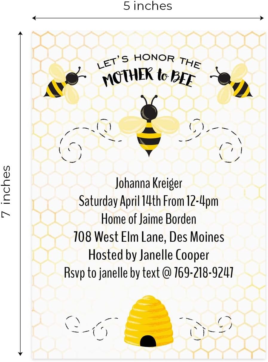 Canopy Street Mother To Bee Personalized Baby Shower Invites / 25 Flat DIY Mother To Be Invite Cards With White Envelopes / 5" x 7" Honeybee Custom Gender Reveal Party Invitations