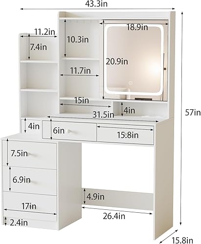 Miniatura 6 de Vabches Escritorio con espejo de maquillaje con taburete, juego de tocador de maquillaje con 6 cajones y estantes, mesa de tocador con tira de