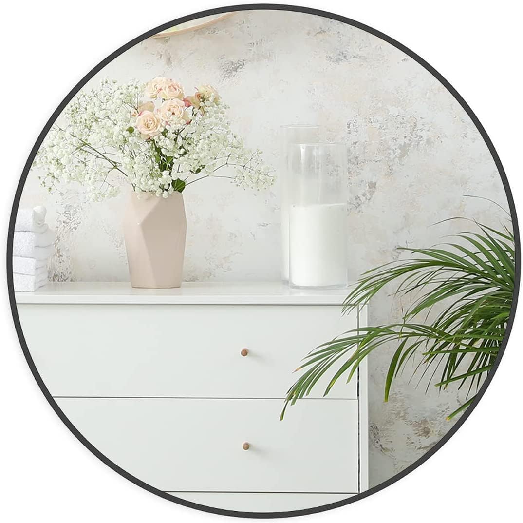 24 Inch Black Metal Framed Round Bathrrom Mirror for Wall