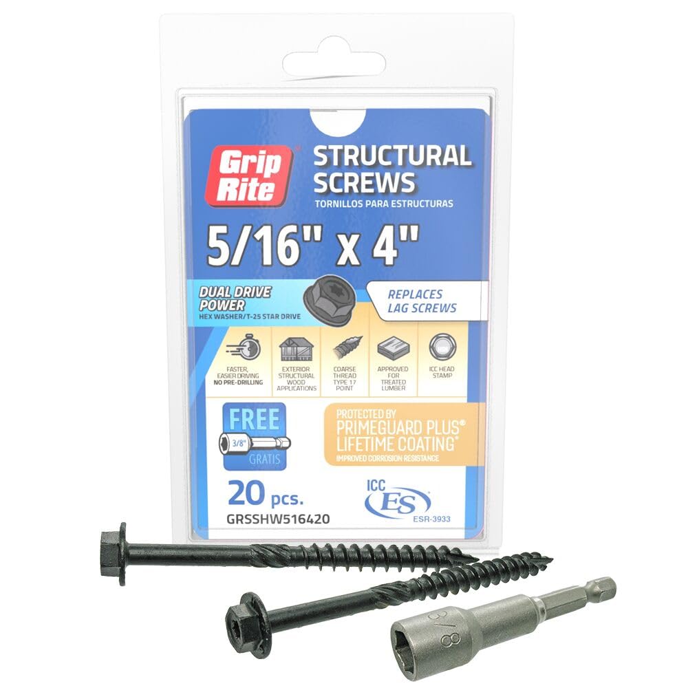Grip-Rite GRSSHW516420 5/16" x 4" Structural Screw Dual Drive Power Hex Washer Star Drive Head 20CT