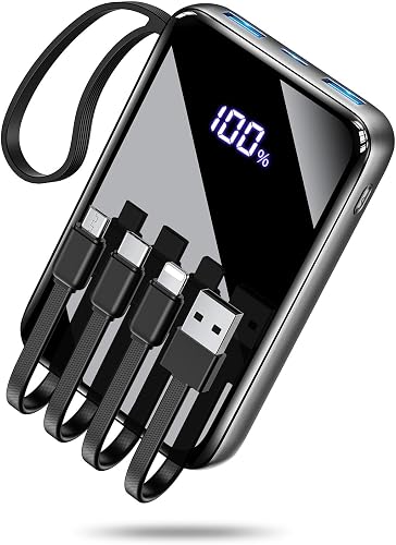 YBYP 15000mAh Portable Charger, 50% Smaller Fast Charging Built-in 4 Cables