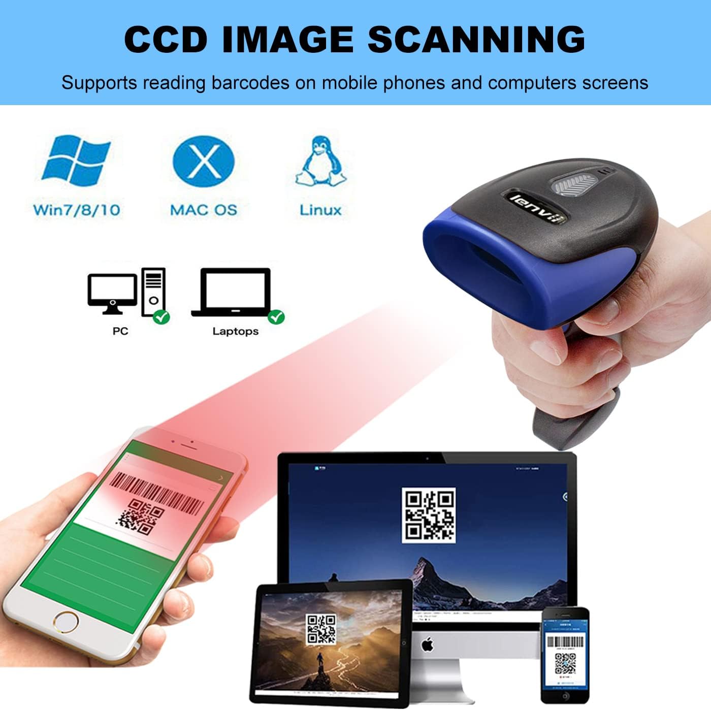 LENVII CW500 Wireless 2D Barcode Scanner Handheld QR Code Scanner USB Wired 1D Barcode Reader 2 in 1 with Charging Base use for Store,Supermarket