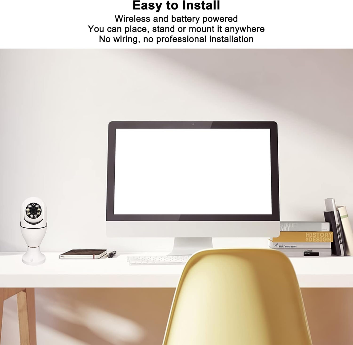 Camera on a desk next to a computer, with text 'Easy to Install'