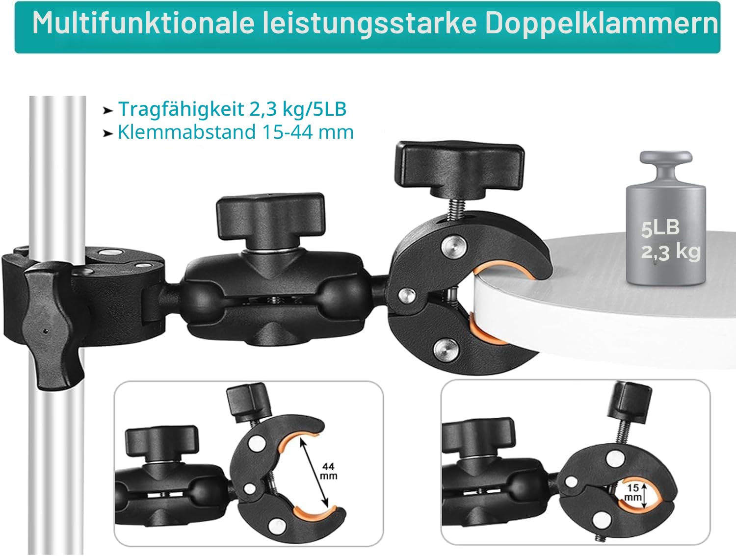 UNSTINCER Fahrrad Motorrad Lenker Kamera Klemme Halterung für Gopro Insta360 X5 DJI Akaso, Doppelklemme Magic Arm Selfie Stick Halter, Doppelte Super Clamp mit 1/4"-20 Gewinde und Action Cam Mount