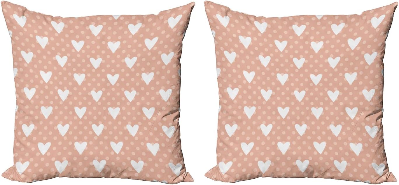 Lunarable Valentine Throw Pillow Cover Set of 2, Pattern with White Hearts and Pastel Polka Dots Romantic Retro, Decorative Square Covers for Couch Bed & Sofa, 18"x18", Pale Pink White Peach