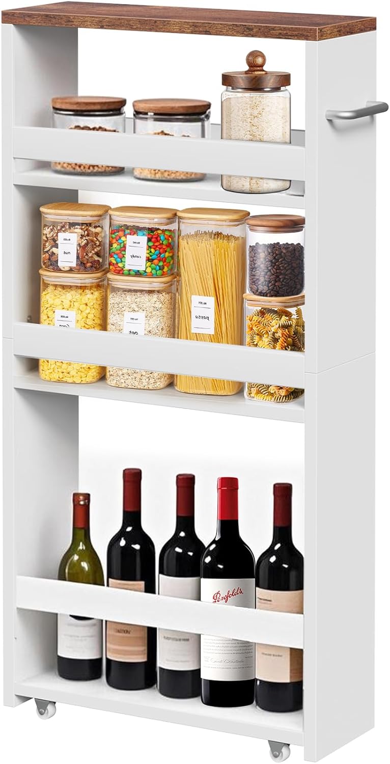 SUPER DEAL 4 Tier White Slim Storage Cart with Wheel & Handle, Slide Out Storage Rolling Utility Cart Mobile Shelving Unit Organizer Trolley for Kitchen Bathroom Laundry Narrow Places, White