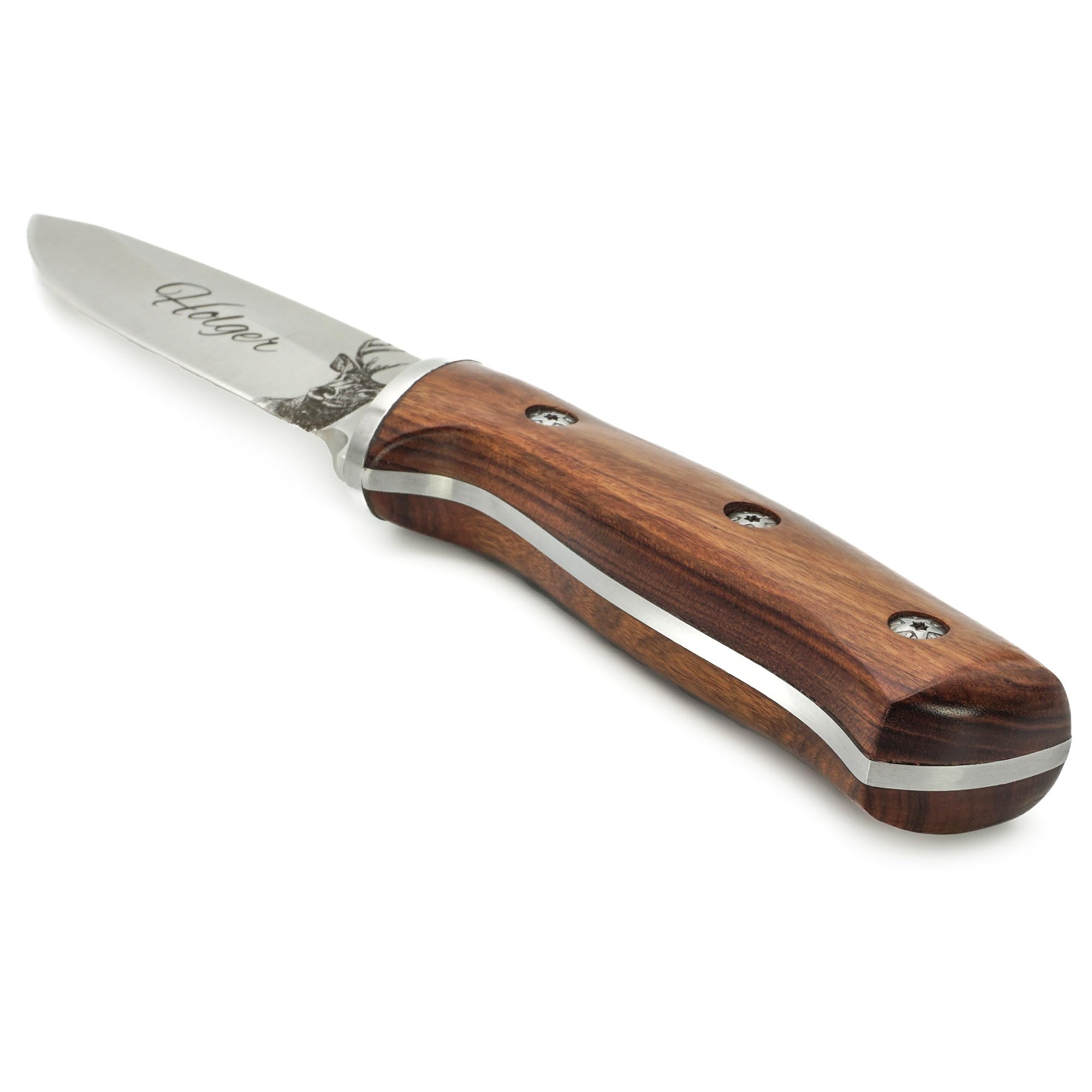 ADAM WILD Jagdmesser mit Gravur | personalisierte Jagd-Geschenke für Jäger | Wildsau, Hirsch, Wolf, Reh & Fuchs mit Wunschname graviert | rostfreier Edelstahl, Holzgriff & Lederscheide | Jagdzubehör