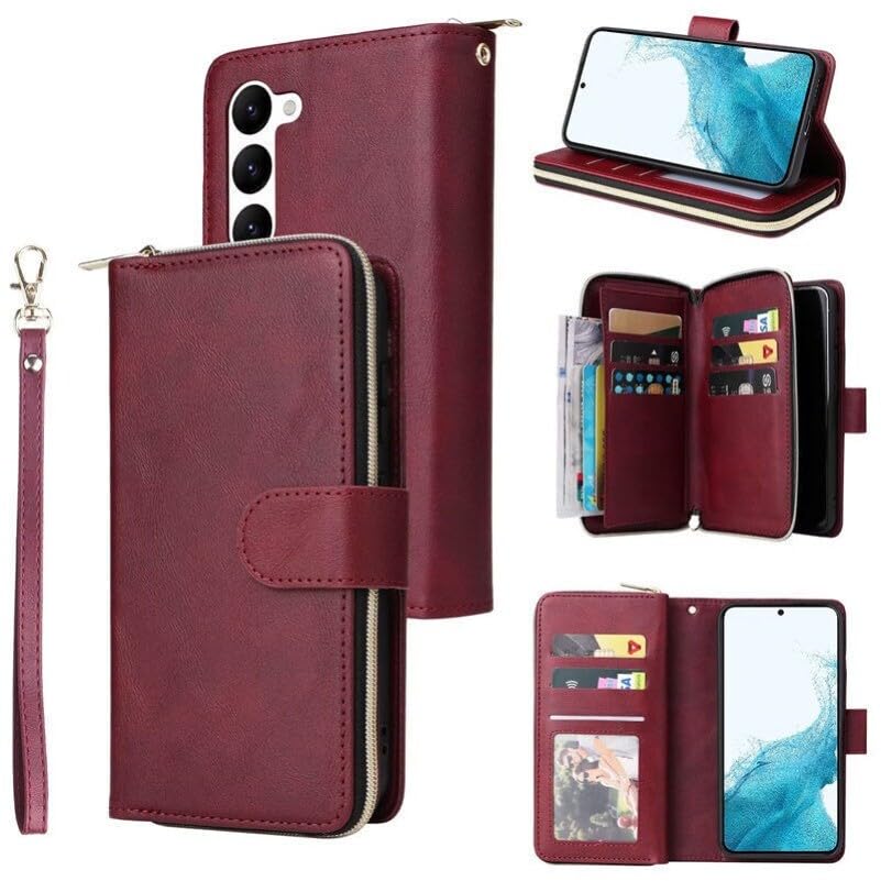 Étui portefeuille Samsung S22 en cuir bordeaux avec fermeture éclair
