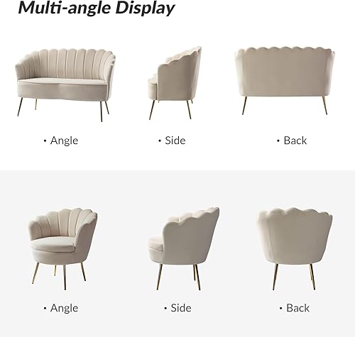 Miniatura 203 de HULALA HOME Moderno sofá biplaza de terciopelo con respaldo en forma de flor, cómodo sofá tapizado de 2 plazas con patas de metal dorado, sofá