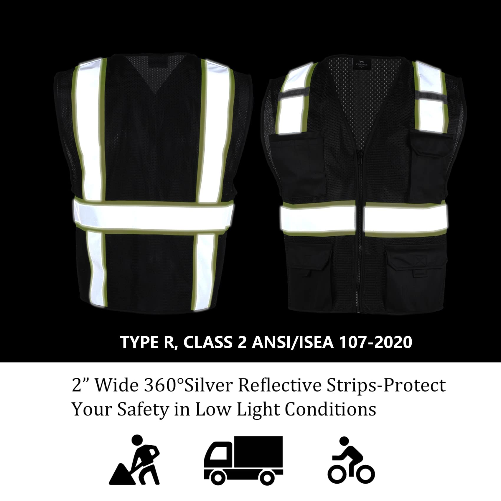 VENDACE Chaleco de malla reflectante de seguridad Hi Vis para hombre, chaleco de alta visibilidad ANSI clase 2, con 8 bolsillos y cierre