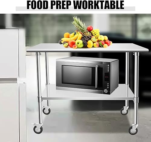 Miniatura 5 de Hasopy Mesa de acero inoxidable para preparación, mesa de trabajo resistente con 4 ruedas para cocina, restaurante, hogar y hotel (36 x 18 pulgadas)
