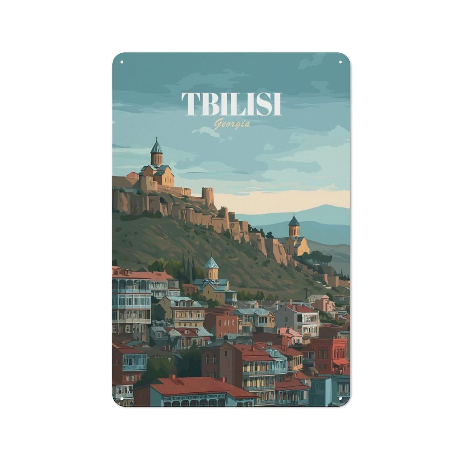 Junmoney Style-20 Vintage Tin Sign 30X20cm With Tbilisi, Georgia Cityscape Illustration(2) For Man Cave Or Games Room, For Winter Room Styling In Man Cave And Games Room
