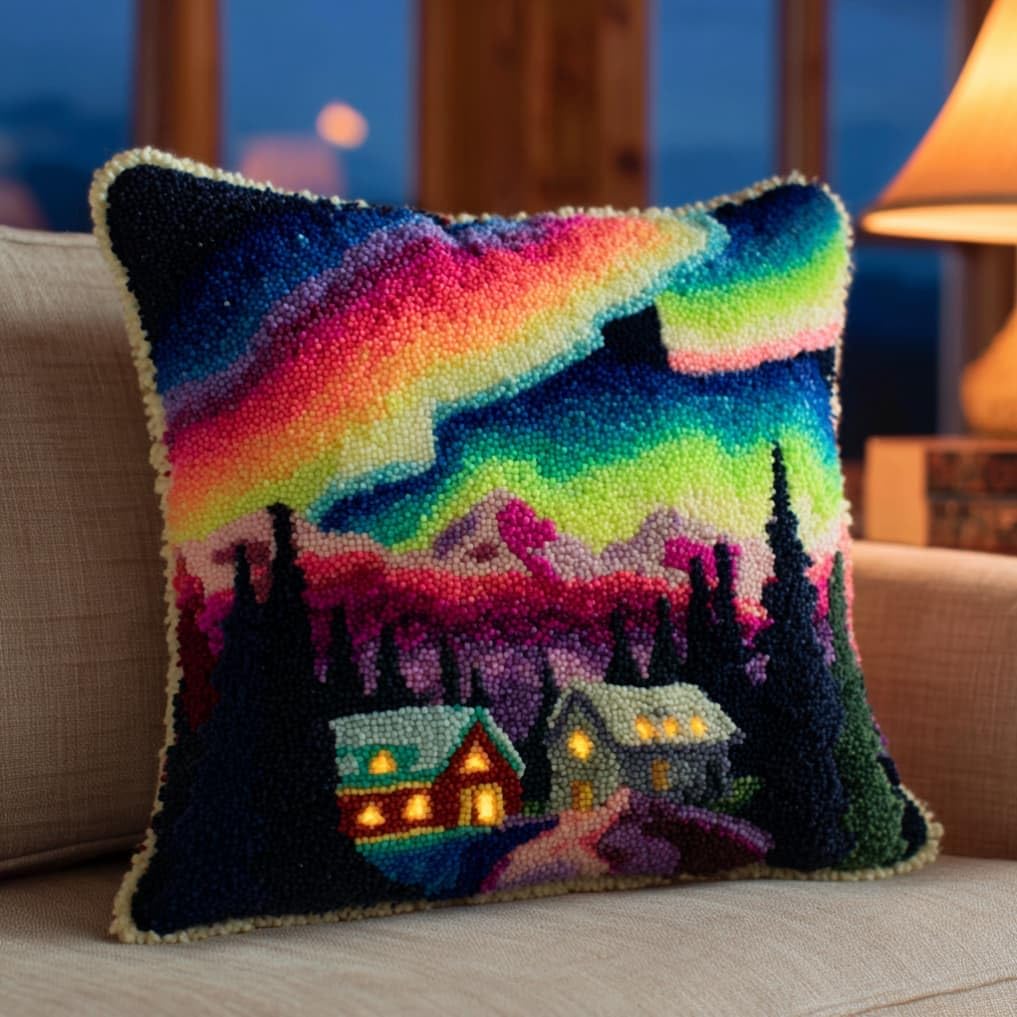 AxiangziK Latch Hook Cushion Kits,Aurora DIY Needlework Pillow Cover Cushion Rug Making Kit,17X17Inch Handmade Embroidery Kits, Decorative Throw Pillow Cover for Sofa Cushions, Bedroom Decor