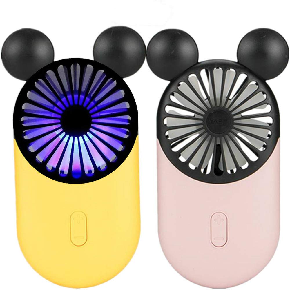 Kbinter Cute Personal Mini Fan, Handheld & Portable USB Rechargeable Fan with Beautiful LED Light, 3 Adjustable Speeds, Portable Holder, for Indoor Outdoor Activities, Cute Mouse 2 Pack (Yellow+Pink)