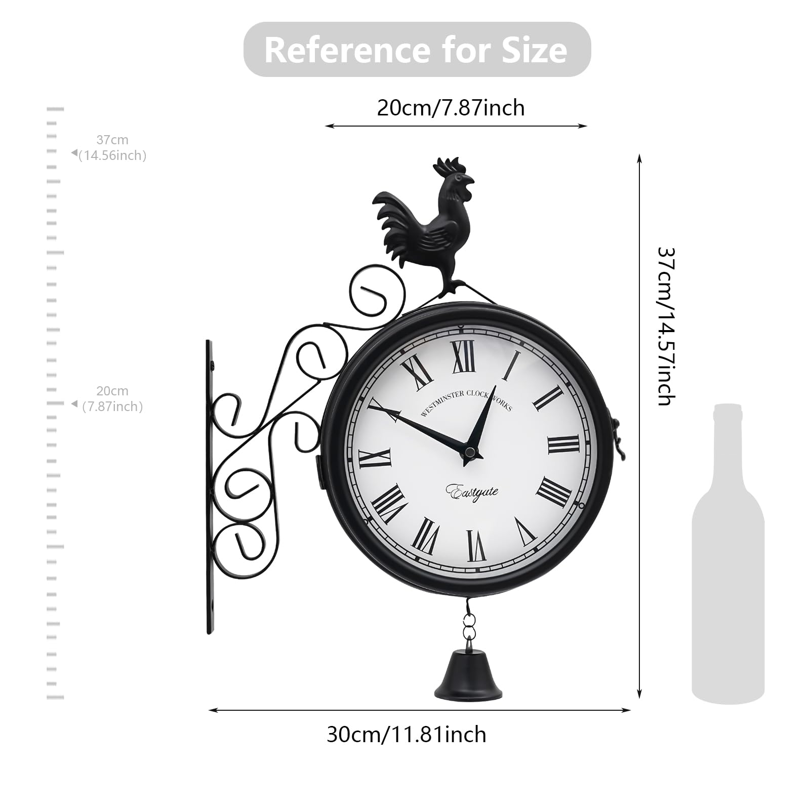 Bahnhofsuhr Doppelseitig, 20cm Zifferblatts Retro Wandmontage Gartenuhr, Analoge Wanduhr mit Leises Uhrwerk, 30 x 37 cm für Garten, Bahnhof, Schlafzimmer, Wohnzimmer, Büro