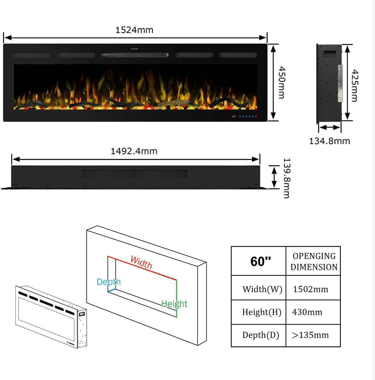 Mystflame Galaxy 60 Pro Flame and Fuel Bed Color Options