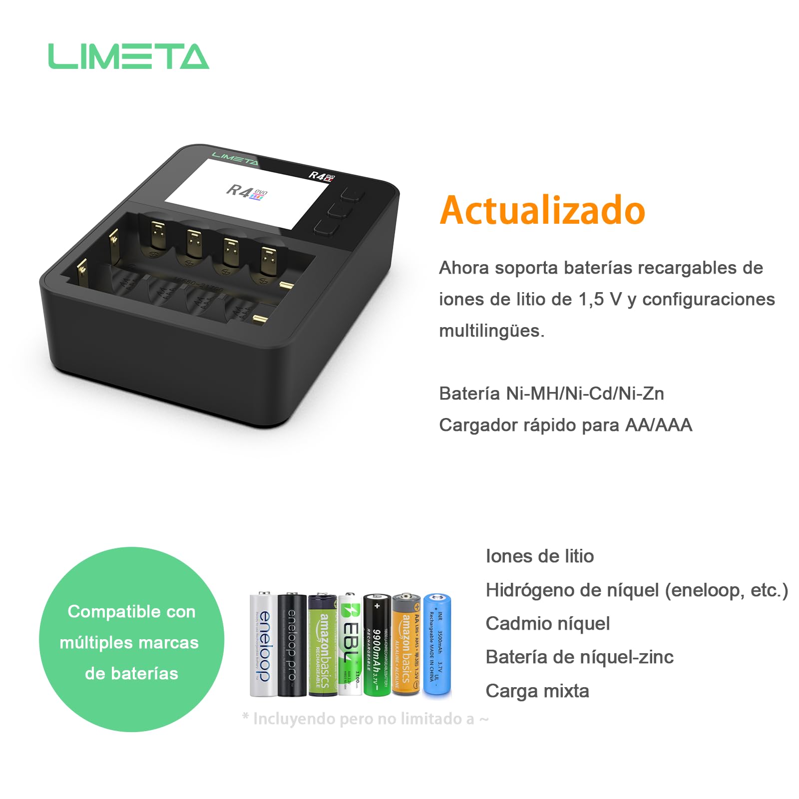 LIMETA Cargador de batería Inteligente AA AAA 6 Ranuras LCD más rápido 18650 Cargador de batería Tipo C QC3.0 de Salida de Litio con función de Carga y Descarga cíclica