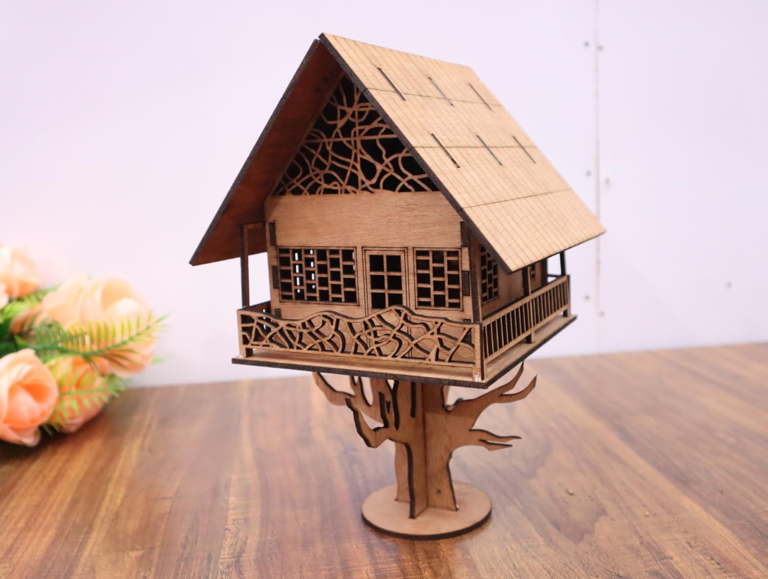 Laser Cut Intricate Design Wooden Tree House - Unique Tabletop Showpiece for Home Decor (15x13.2x24 cm, Brown)-image-3