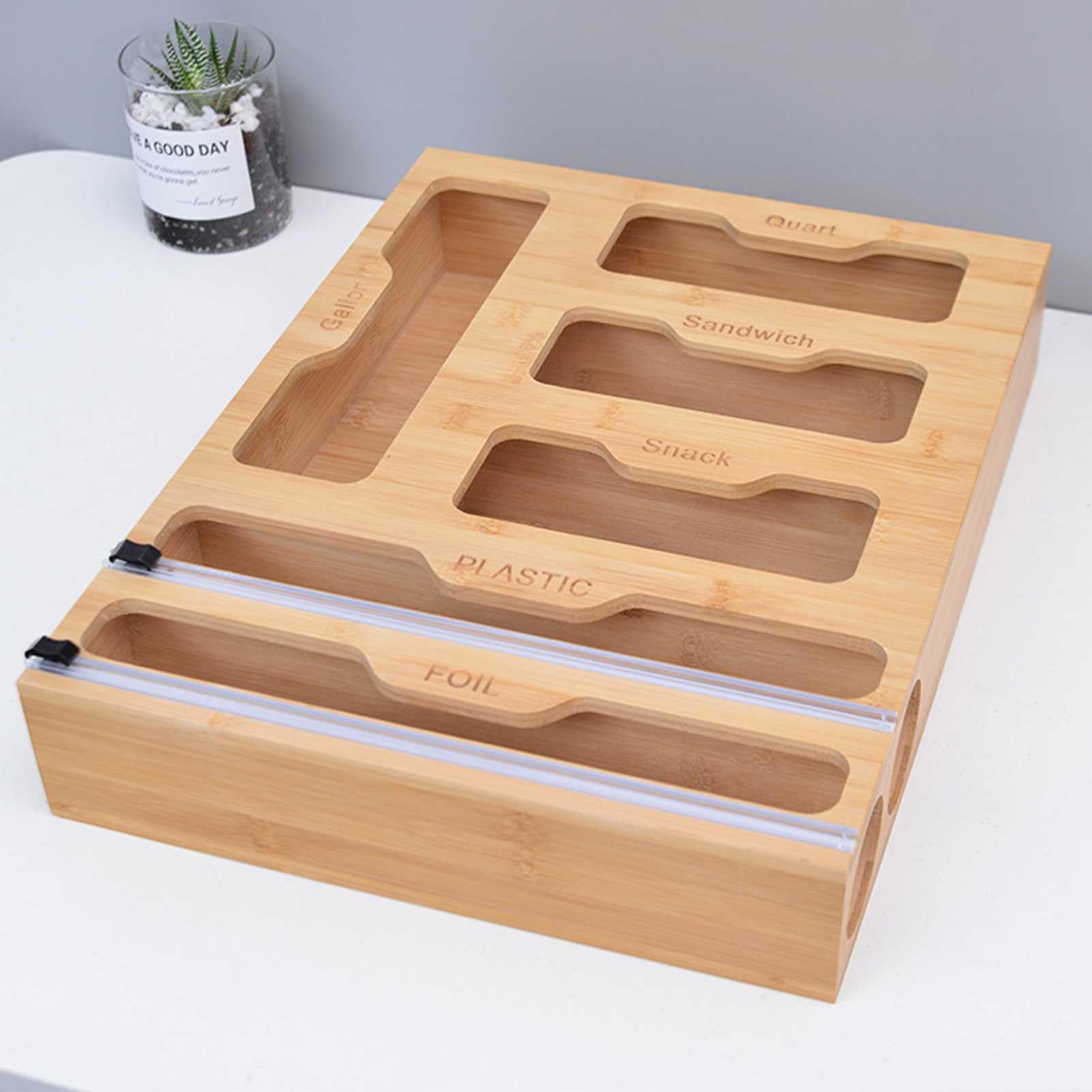Caja organizadora de bolsas Ziplock para cajones de cocina de bambú, 6 en 1, plástico y envoltura de almacenamiento de alimentos con dispensadores y cortadores para bolsas de galones, cuartos, sándwic