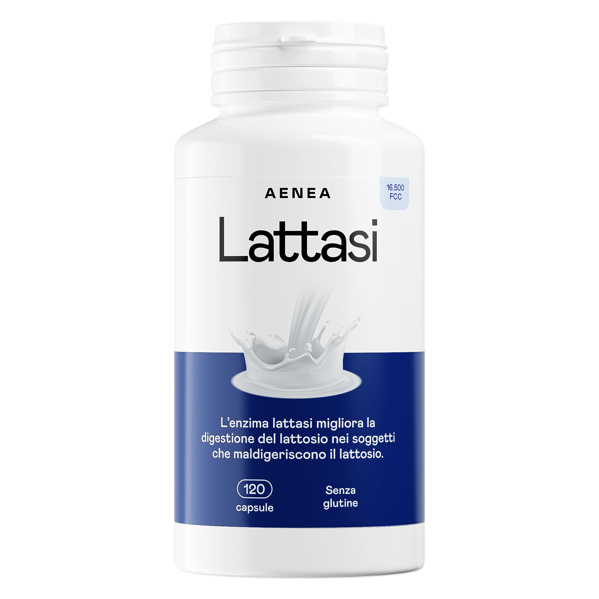 Aenea Lattasi Capsule Effetto Immediato 16500 FCC, 120 Capsule, Enzima Lattasi ad Alto Dosaggio per Intolleranza Lattosio, Capsule Lattosio per Digestione, Prodotto in Italia e Sicuro