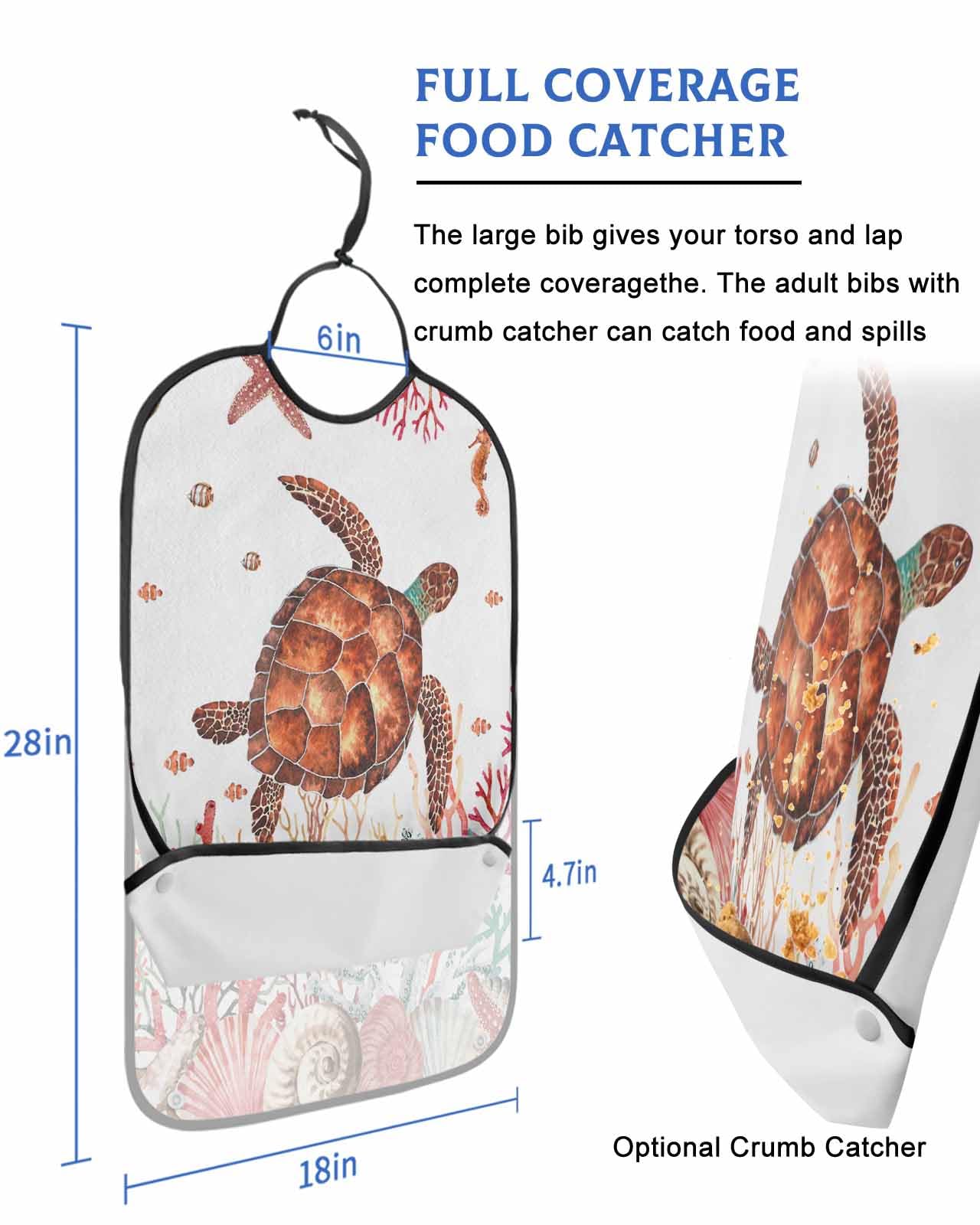 LEOKOTI Red Sea Turtle Adult Bibs for Eating, Waterproof Bibs with Food Catcher & Adjustable Snap Closure, Nautical Coastal Summer Beach Coral Washable Clothing Protectors Adult Bibs for Elderly
