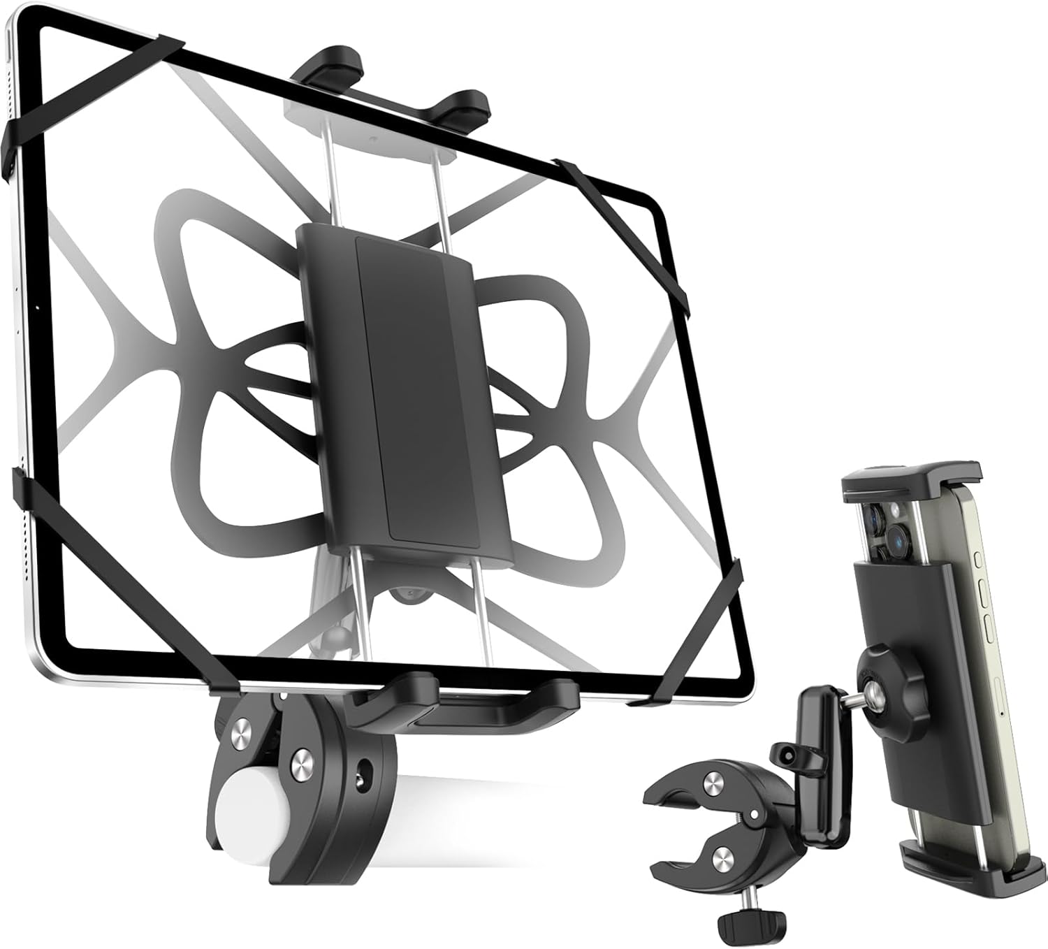 Bike Tablet Phone Holder with Silicone Security Band, Metal Arm 360° Rotation Tablet Handlebar Mount for Stationary Bicycle, Treadmill Fits iPad Pro/Air/Mini, Smartphones, 4-13'' Devices