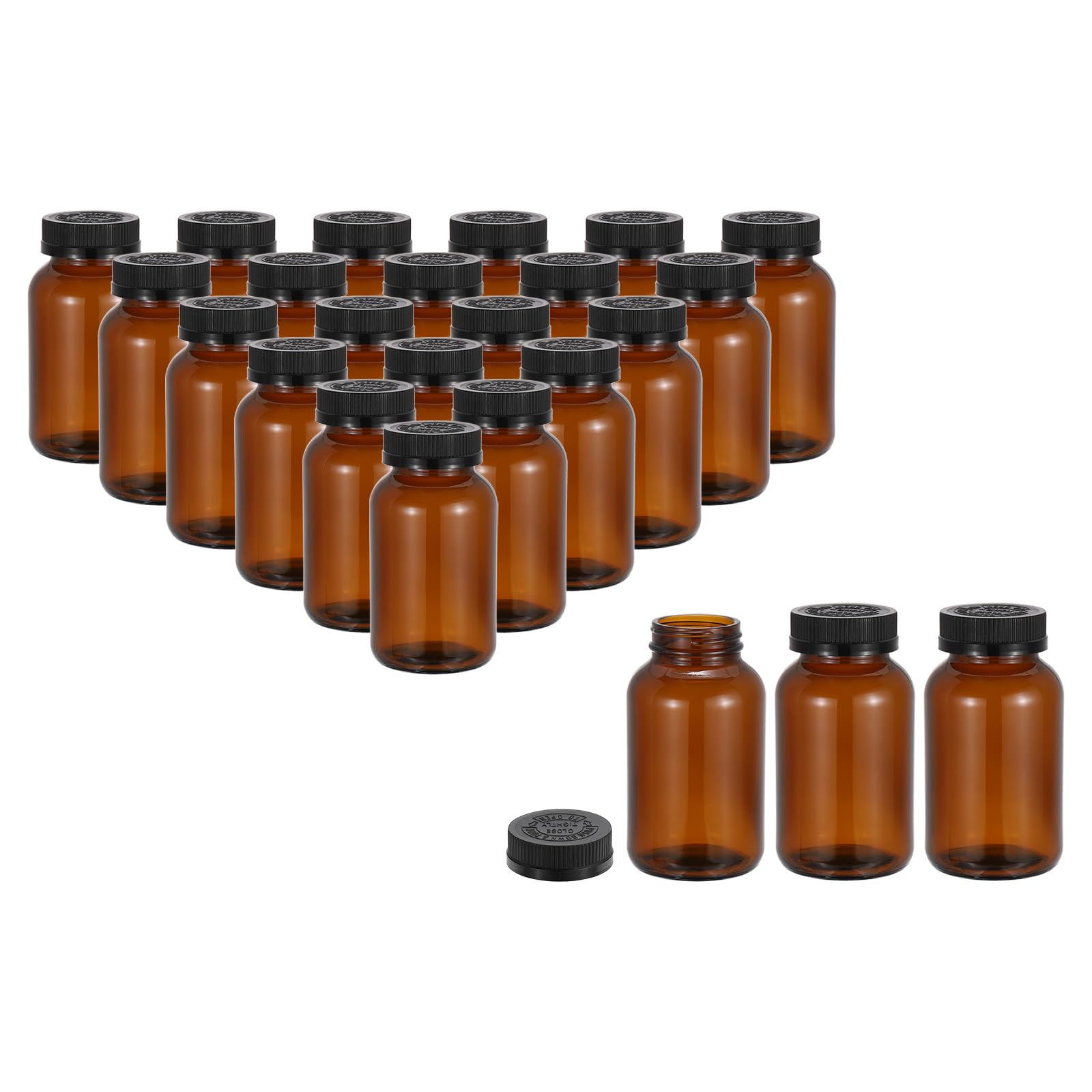 PATIKIL 8.5oz/250ml Glas Packer Flaschen 24Stk Runde Weithalsflaschen Packer Flaschen Mit Schwarzem Rippendeckel Für Reagenzien Flüssigkeiten Ätherische Öle Parfüm Bernstein