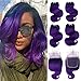 FASHION LINE 8" Human Hair Bundles with Lace Closure Ombre Two Tone Brazilian Virgin Hair Extensions Body Wave (4 bundles with 4x4 Lace Closure, 1b/purple)