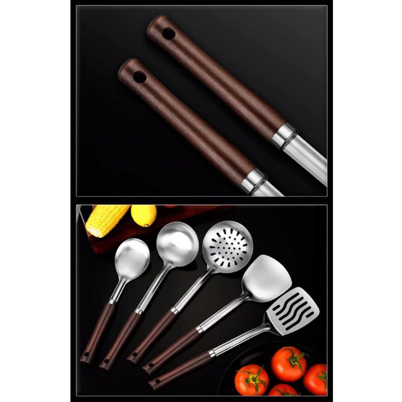 Edelstahl Kochlöffel Spatel Küche Holz Werkzeuge & Gadgets Kochutensilien 5 Stück Sets