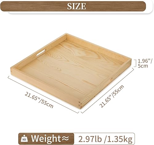 Miniatura 5 de Hanobe Bandeja otomana cuadrada grande bandeja extra grande para servir con asas, bandejas decorativas de madera rústica, mesa auxiliar, decoración